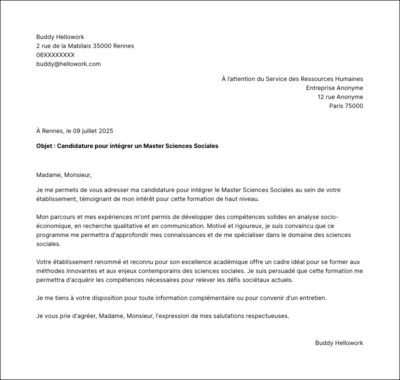 Modèle lettre de motivation Master Sciences Sociales Exemple lettre de motivation Master Sciences Sociales