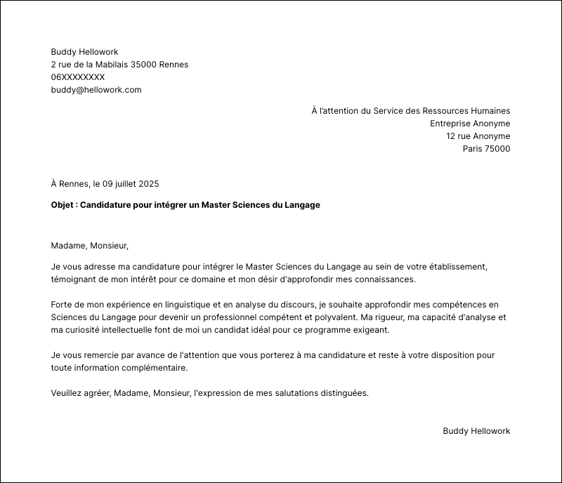 Modèle lettre de motivation Master Sciences du Langage Exemple lettre de motivation Master Sciences du Langage