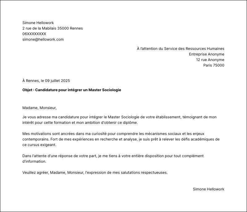 Modèle lettre de motivation Master Sociologie Exemple lettre de motivation Master Sociologie