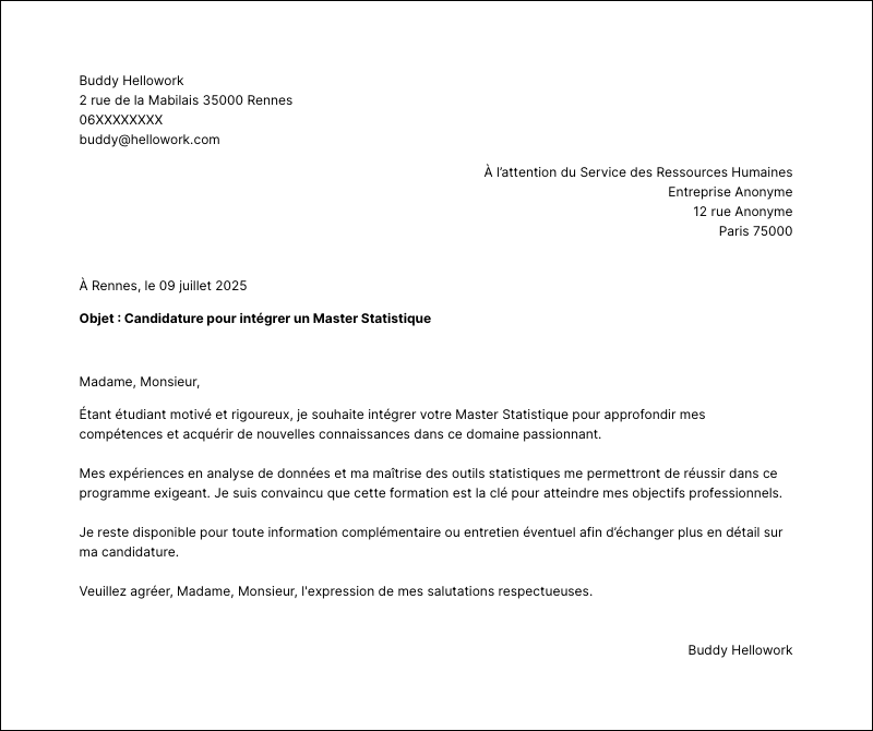 Modèle lettre de motivation Master Statistique Exemple lettre de motivation Master Statistique