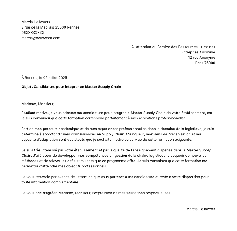 Exemple lettre de motivation Master Supply Chain