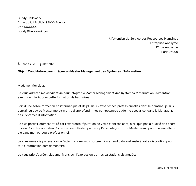 Modèle lettre de motivation Master Management des Systèmes d’Information Exemple lettre de motivation Master Management des Systèmes d’Information