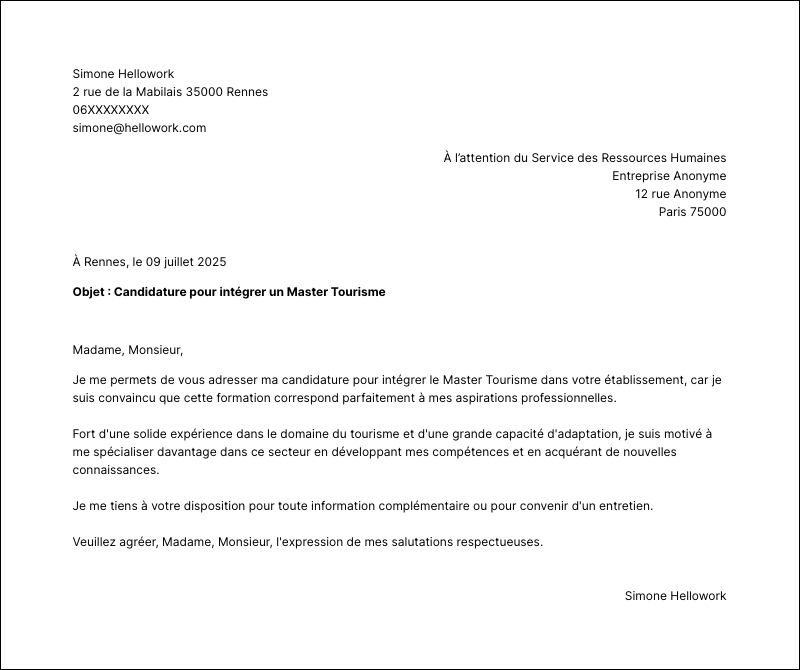 Modèle lettre de motivation Master Tourisme Exemple lettre de motivation Master Tourisme