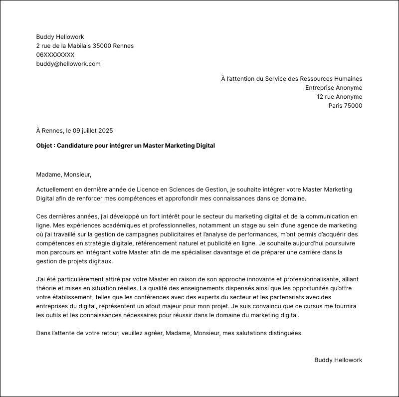 Modèle lettre de motivation Master Exemple lettre de motivation Master