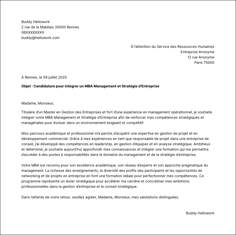 Modèle lettre de motivation MBA Exemple lettre de motivation MBA