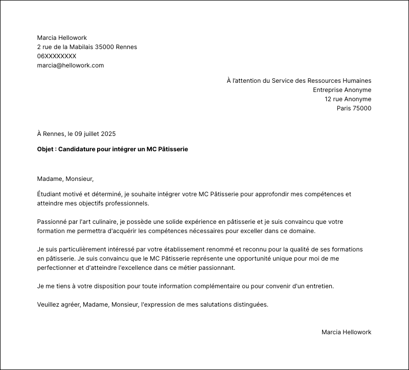 Modèle lettre de motivation MC Pâtisserie Exemple lettre de motivation MC Pâtisserie