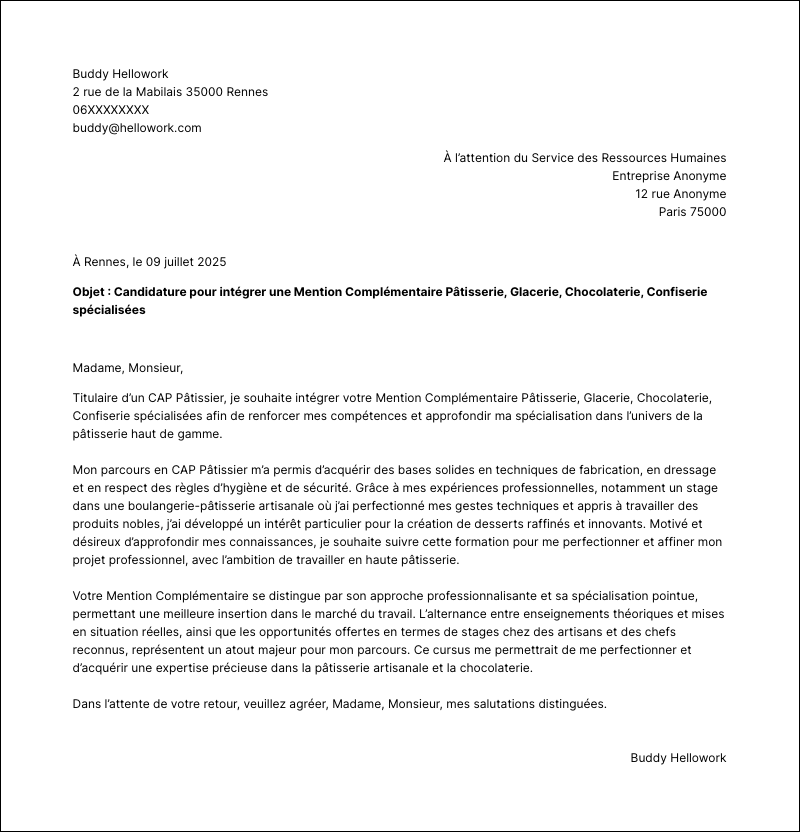 Modèle lettre de motivation MC Exemple lettre de motivation MC