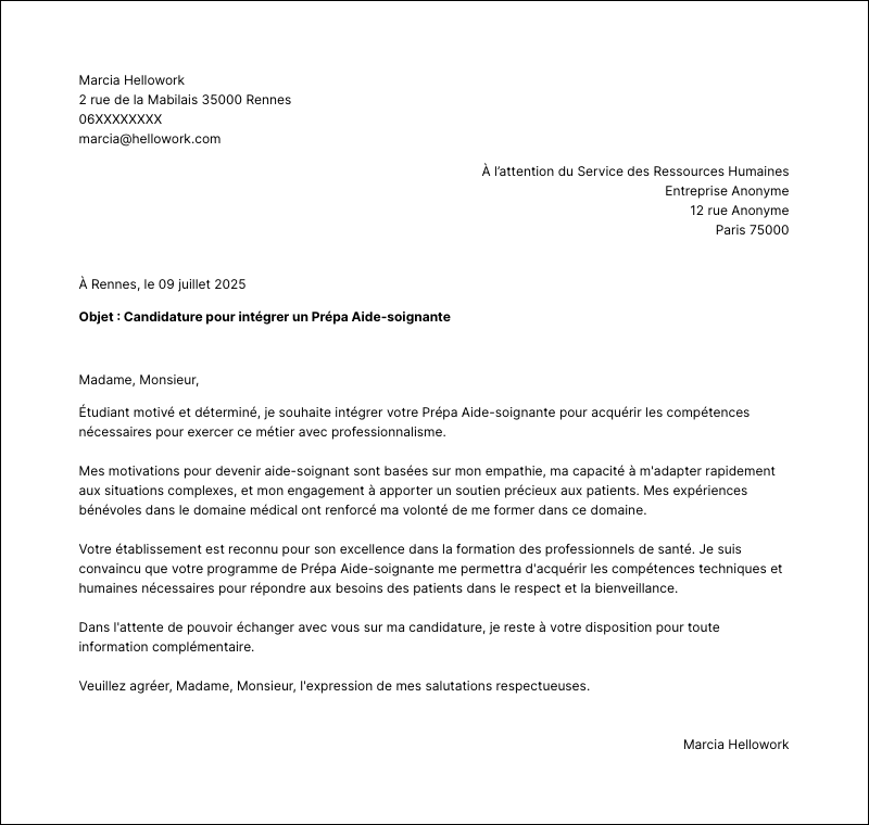 Modèle lettre de motivation Prépa Aide-soignante Exemple lettre de motivation Prépa Aide-soignante