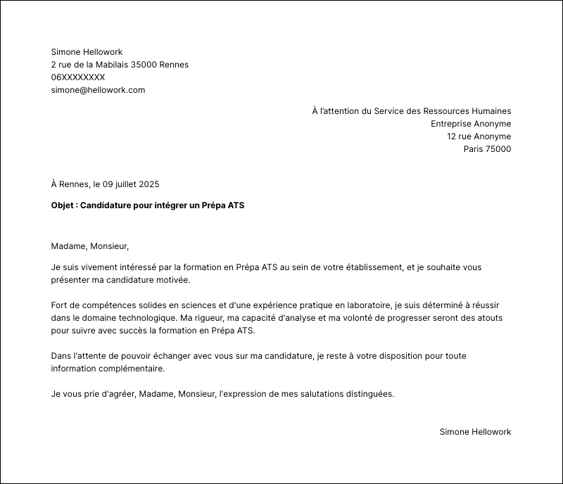 Exemple lettre de motivation Prépa ATS