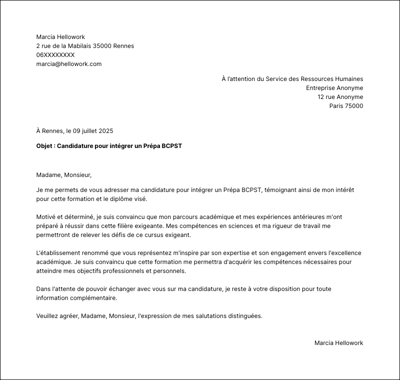 Modèle lettre de motivation Prépa BCPST Exemple lettre de motivation Prépa BCPST