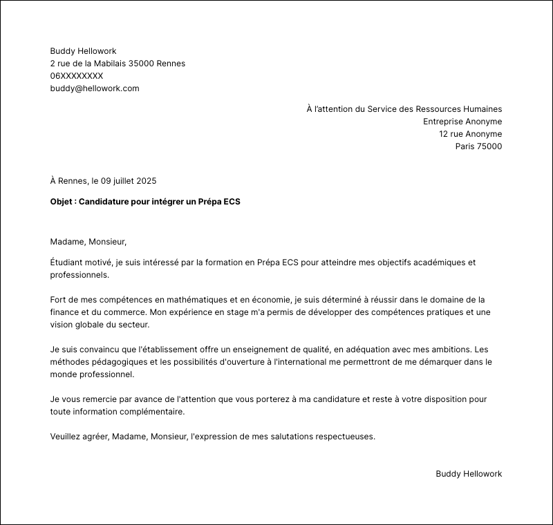 Exemple lettre de motivation Prépa ECS