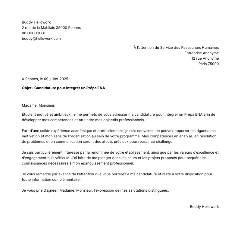 Modèle lettre de motivation Prépa ENA Exemple lettre de motivation Prépa ENA