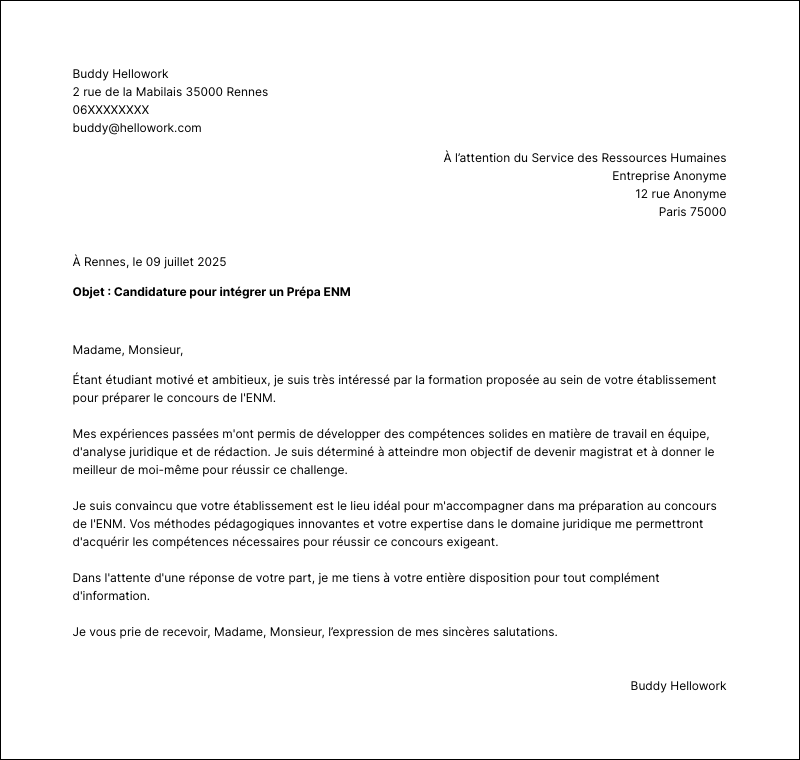 Modèle lettre de motivation Prépa ENM Exemple lettre de motivation Prépa ENM