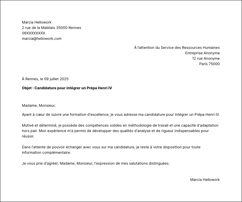 Modèle lettre de motivation Prépa Henri IV Exemple lettre de motivation Prépa Henri IV