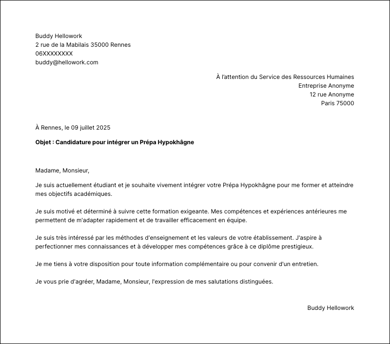 Exemple lettre de motivation Prépa Hypokhâgne