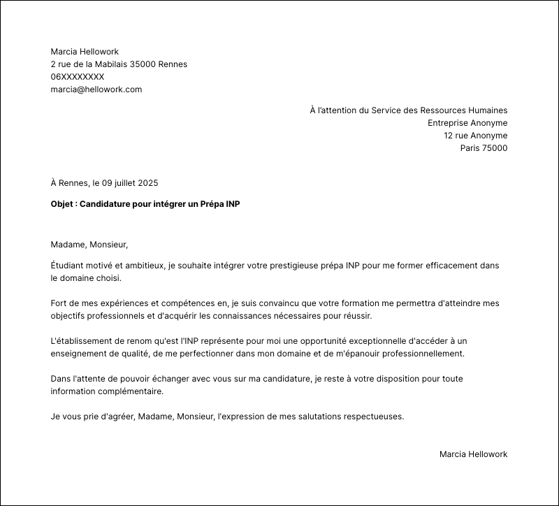 Modèle lettre de motivation Prépa INP Exemple lettre de motivation Prépa INP