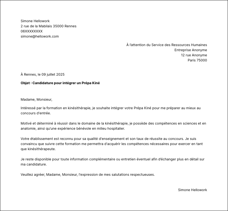 Exemple lettre de motivation Prépa Kiné