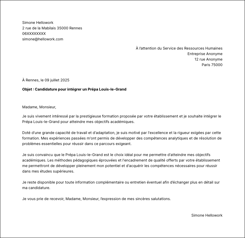 Modèle lettre de motivation Prépa Louis-le-Grand Exemple lettre de motivation Prépa Louis-le-Grand