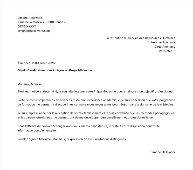 Modèle lettre de motivation Prépa Médecine Exemple lettre de motivation Prépa Médecine