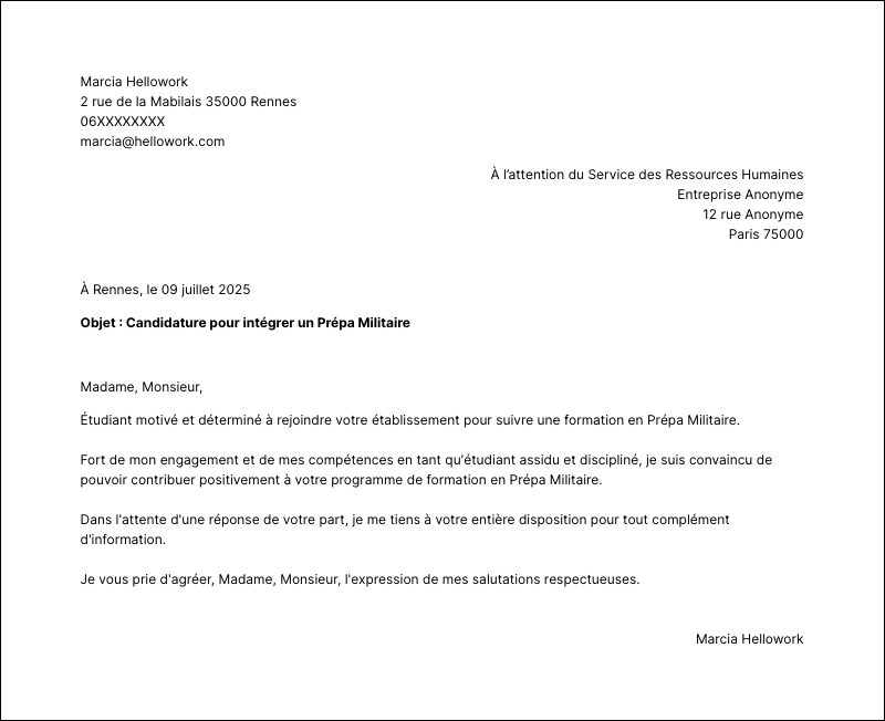 Modèle lettre de motivation Prépa Militaire Exemple lettre de motivation Prépa Militaire