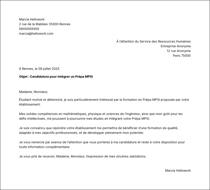 Modèle lettre de motivation Prépa MPSI Exemple lettre de motivation Prépa MPSI