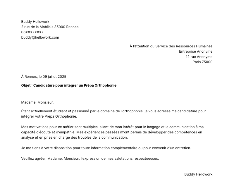 Modèle lettre de motivation Prépa Orthophonie Exemple lettre de motivation Prépa Orthophonie