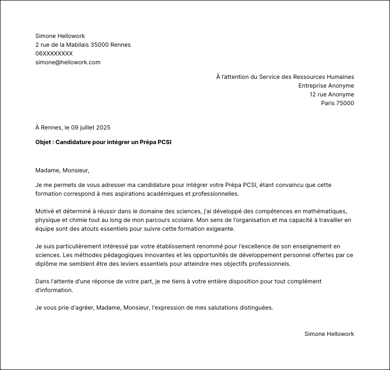 Modèle lettre de motivation Prépa PCSI Exemple lettre de motivation Prépa PCSI
