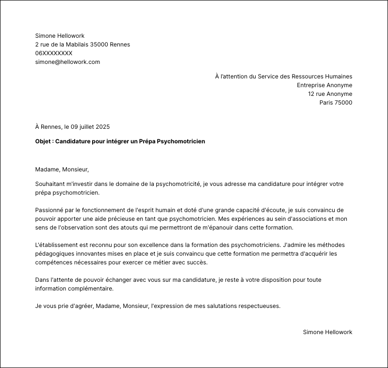Modèle lettre de motivation Prépa Psychomotricien Exemple lettre de motivation Prépa Psychomotricien