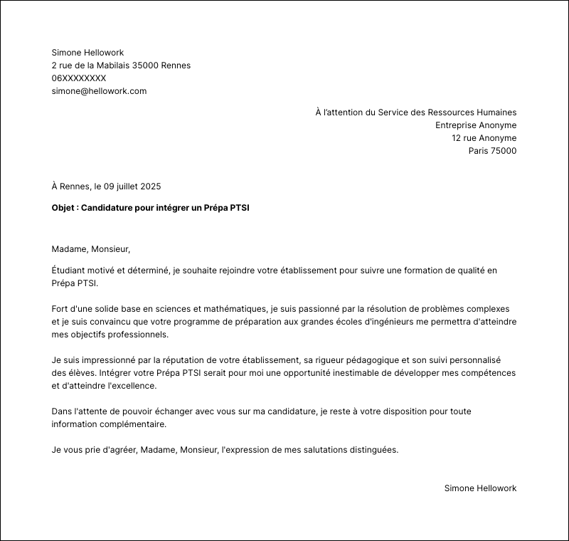 Exemple lettre de motivation Prépa PTSI