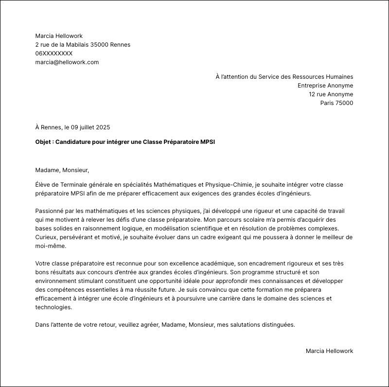 Modèle lettre de motivation Prépa Exemple lettre de motivation Prépa