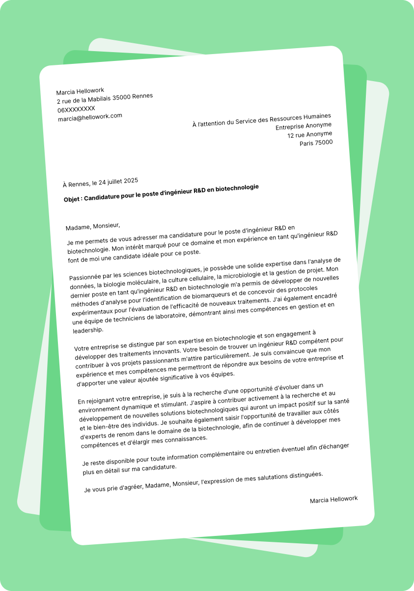 Exemple lettre de motivation Biotechnologie