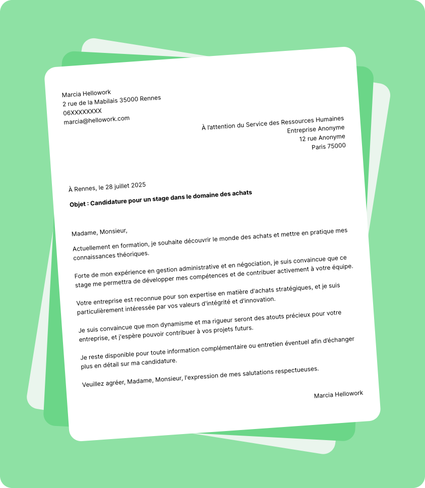 Modèle lettre de motivation pour un stage Achat Exemple lettre de motivation pour un stage Achat