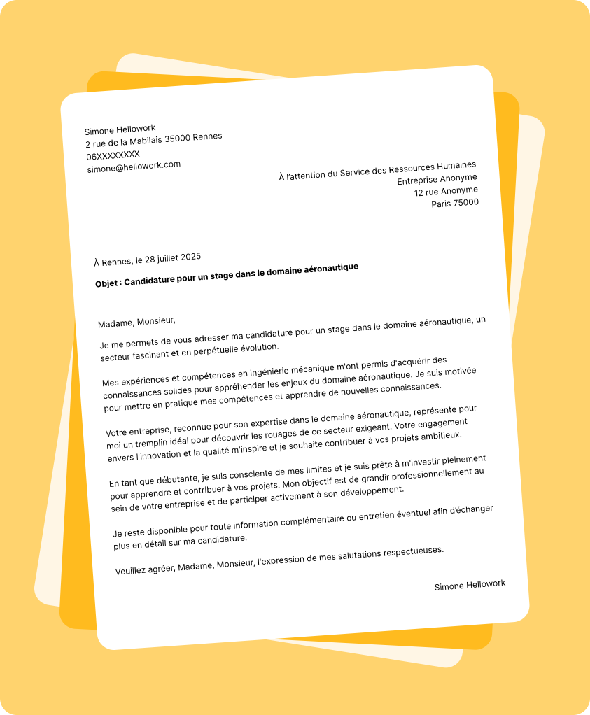 Exemple lettre de motivation pour un stage Aeronautique