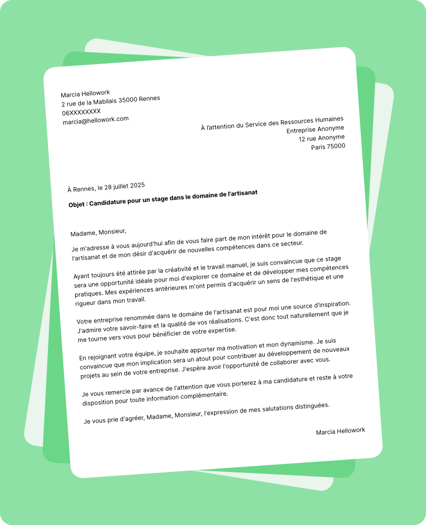 Exemple lettre de motivation pour un stage Artisanat