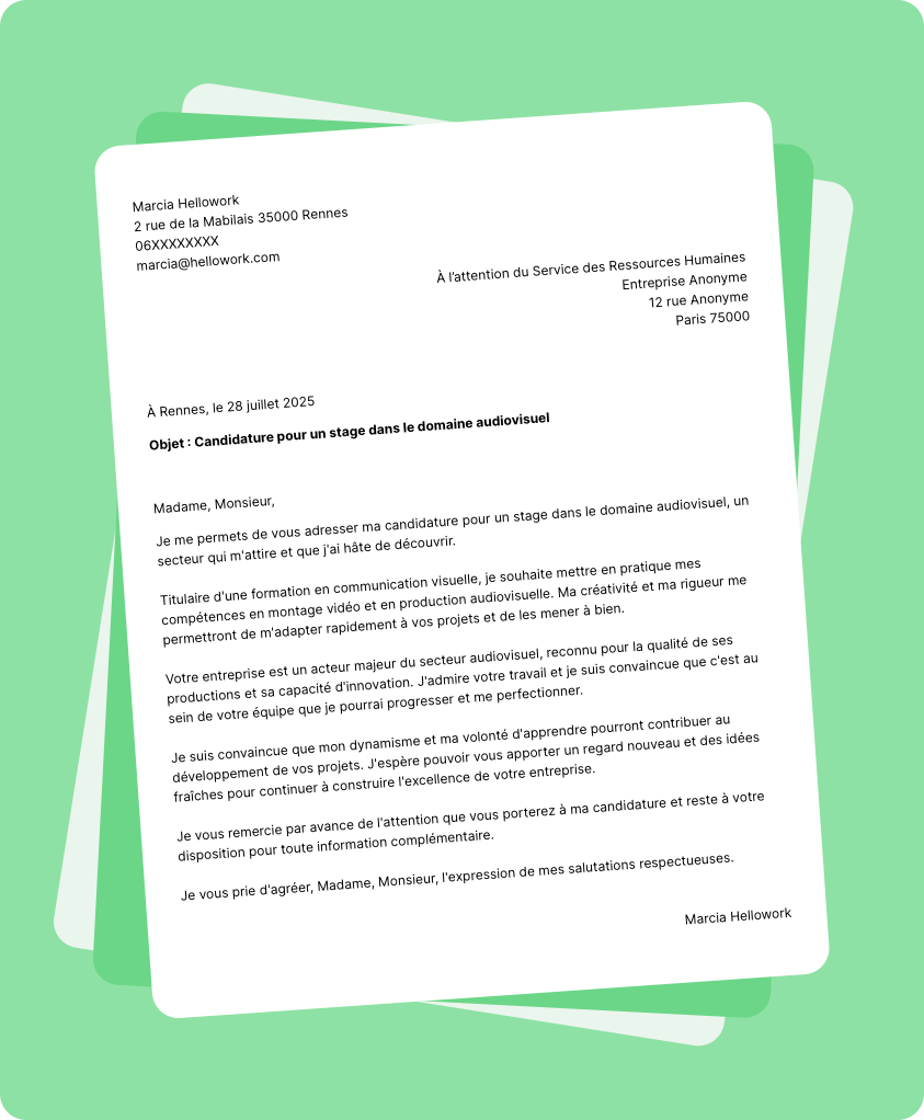 Exemple lettre de motivation pour un stage Audiovisuel