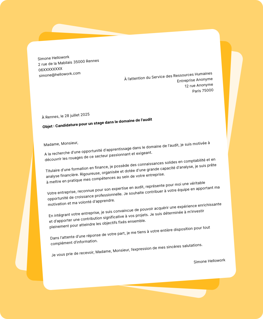 Exemple lettre de motivation pour un stage Audit