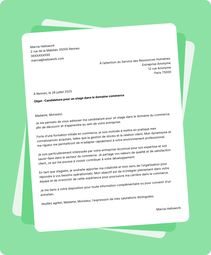 Modèle lettre de motivation pour un stage Commerce Exemple lettre de motivation pour un stage Commerce