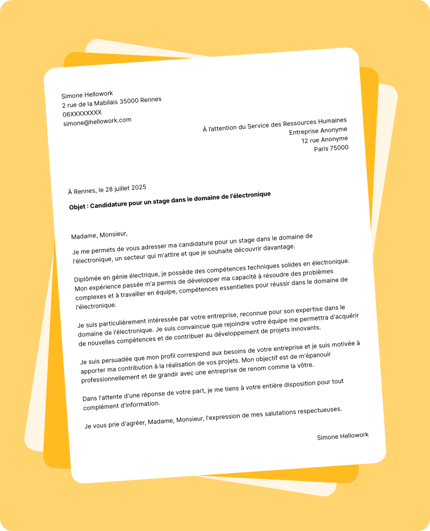 Exemple lettre de motivation pour un stage Electronique