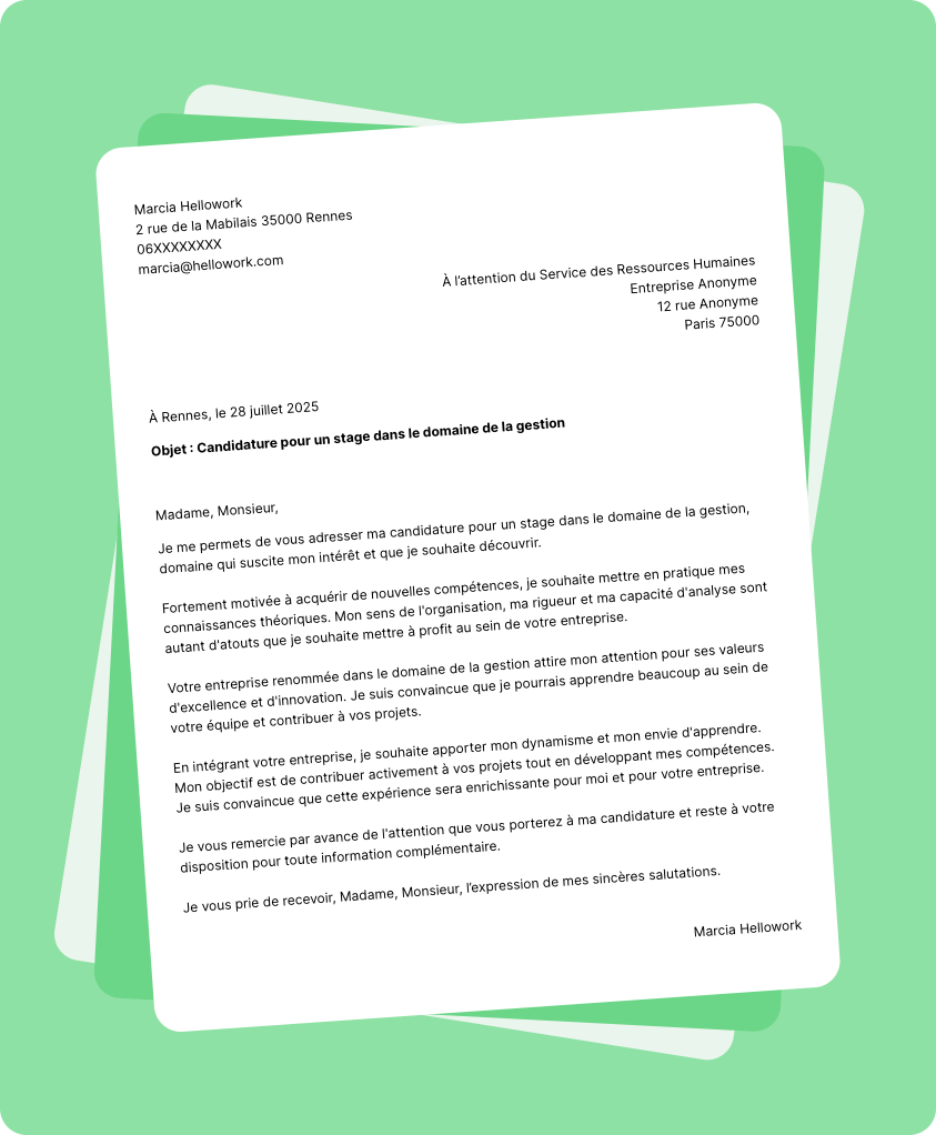 Exemple lettre de motivation pour un stage Gestion