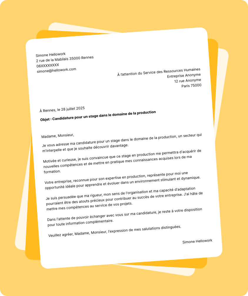 Exemple lettre de motivation pour un stage Production