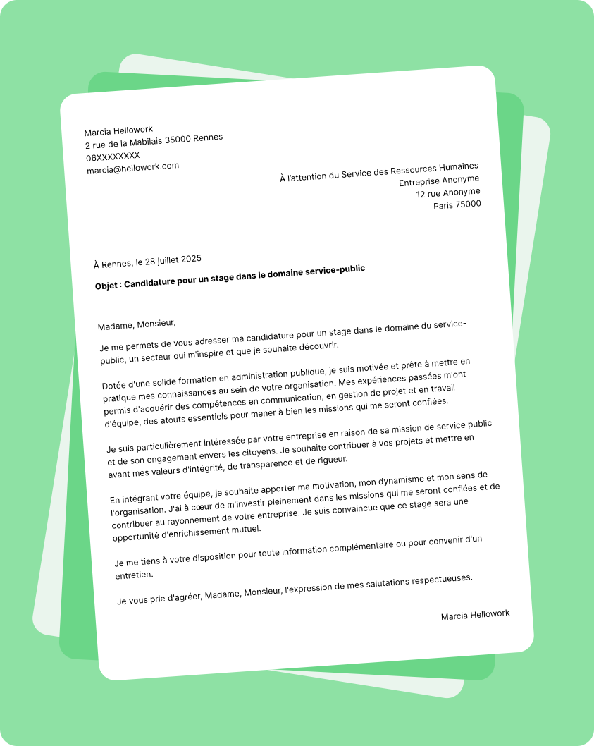 Exemple lettre de motivation pour un stage Service Public