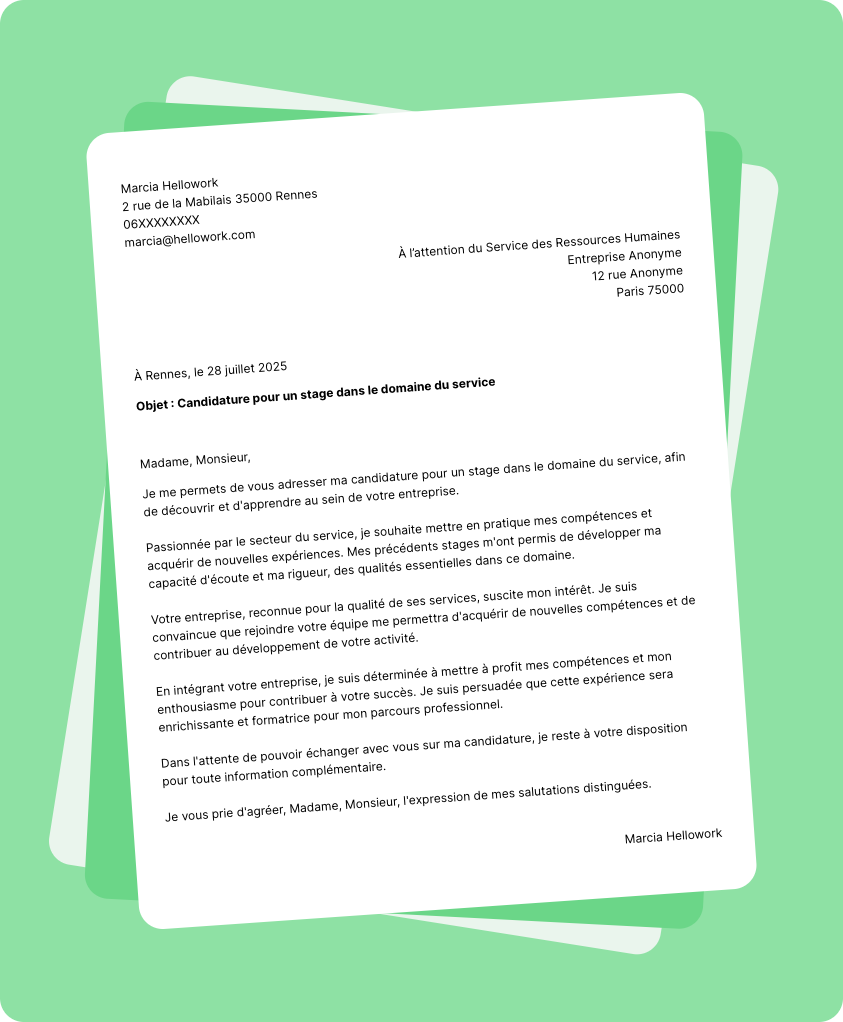 Modèle lettre de motivation pour un stage Service Exemple lettre de motivation pour un stage Service