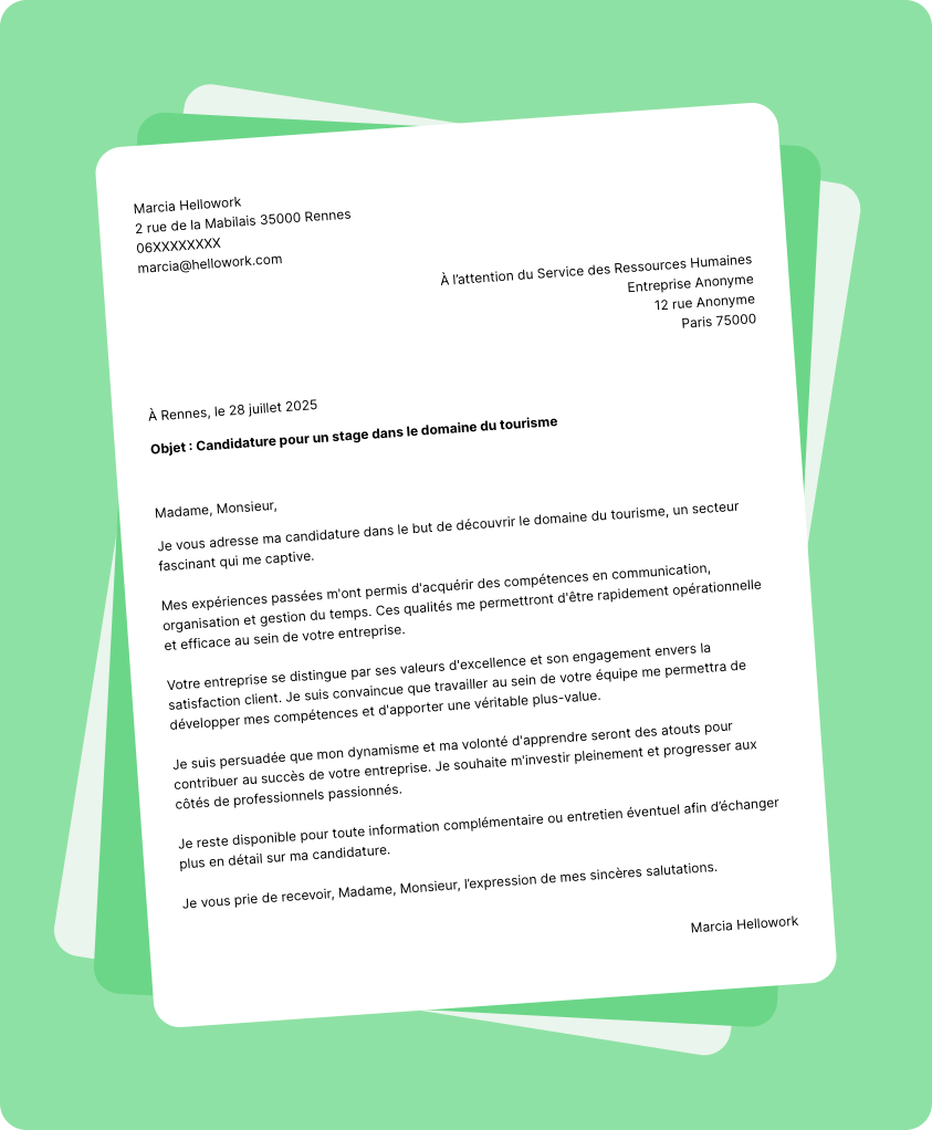 Exemple lettre de motivation pour un stage Tourisme