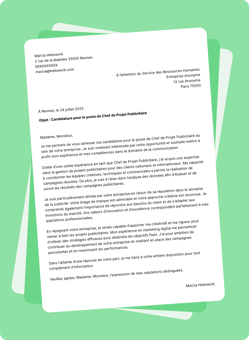 Exemple lettre de motivation Pub