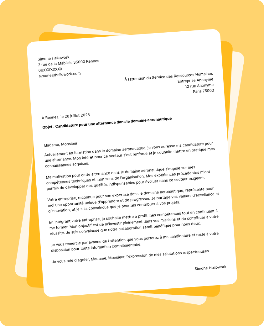 Exemple lettre de motivation Aeronautique en alternance