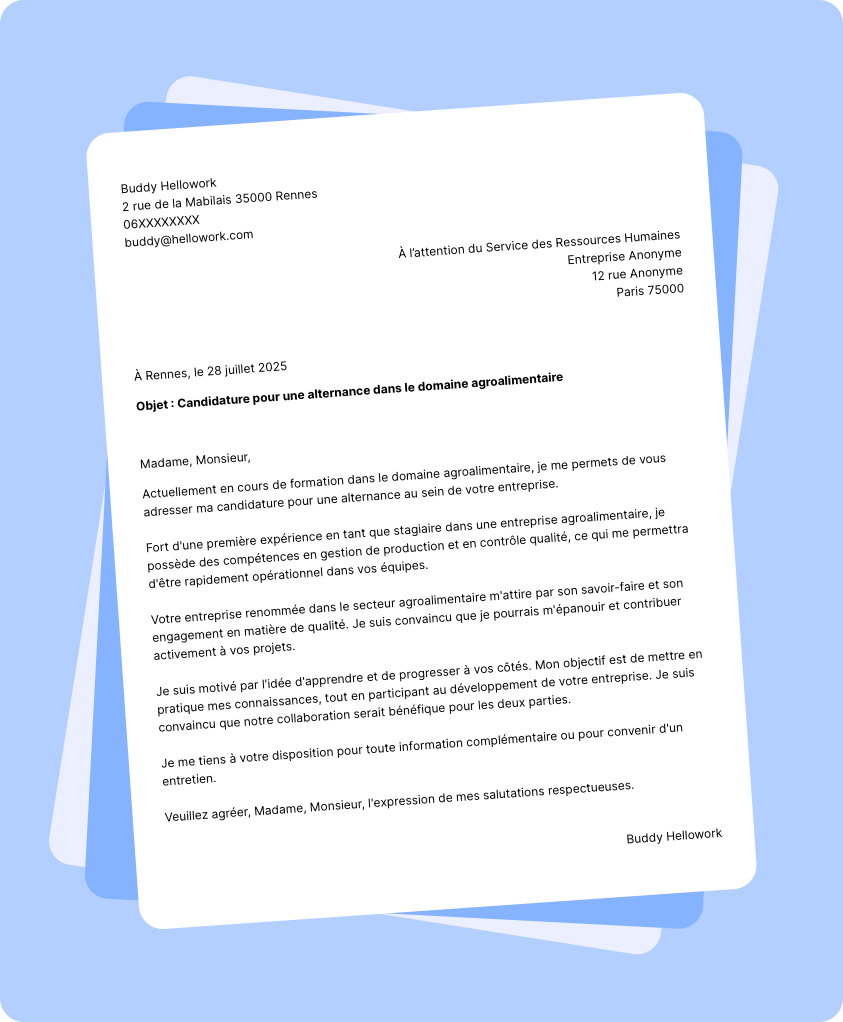 Exemple lettre de motivation Agroalimentaire en alternance