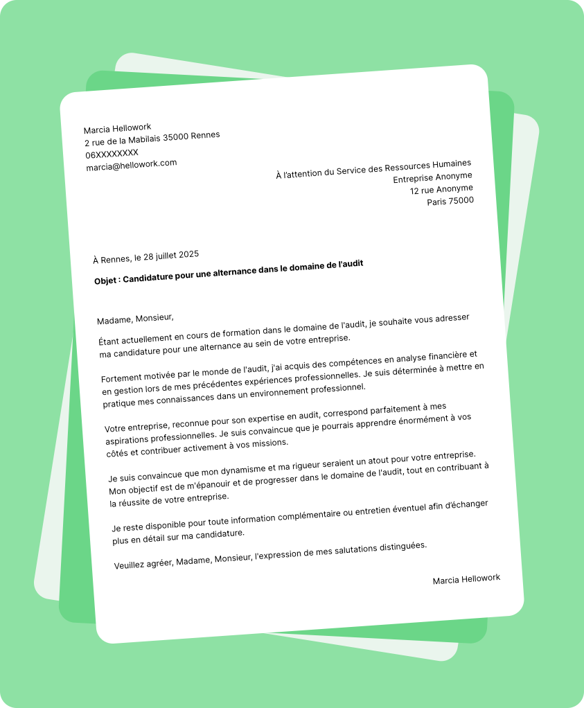 Exemple lettre de motivation Audit en alternance