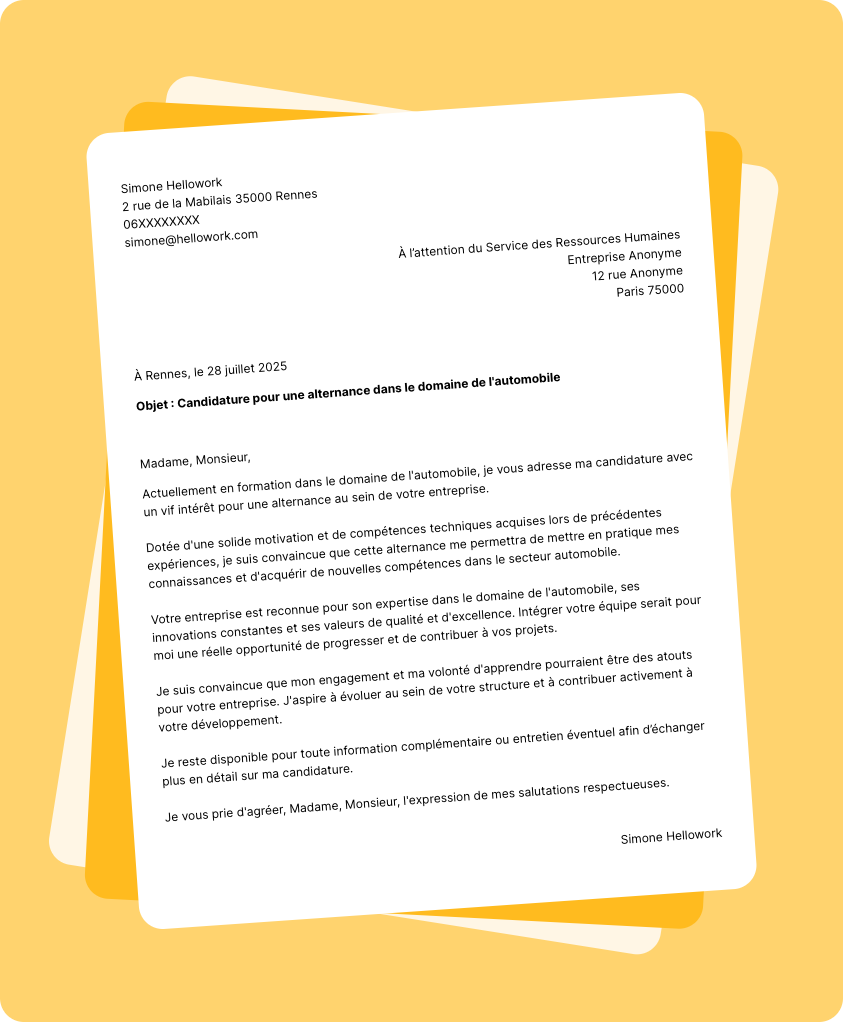Exemple lettre de motivation Automobile en alternance