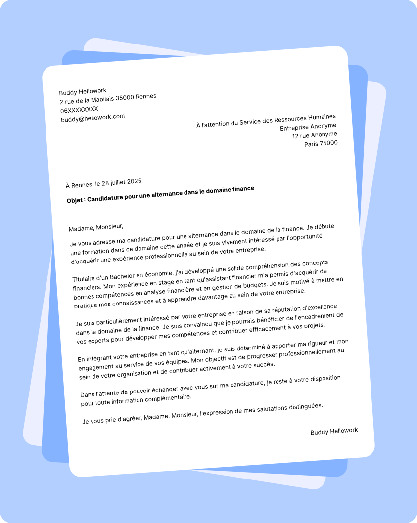 Exemple lettre de motivation Finance en alternance