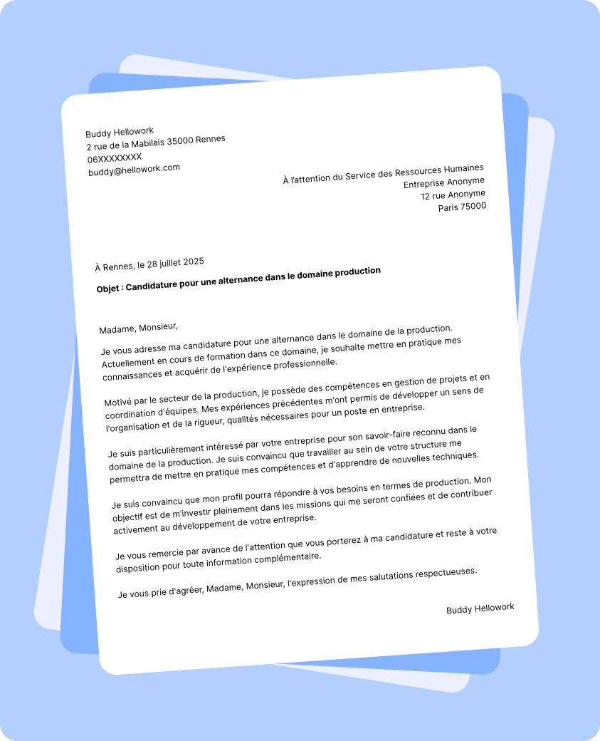 Exemple lettre de motivation Production en alternance